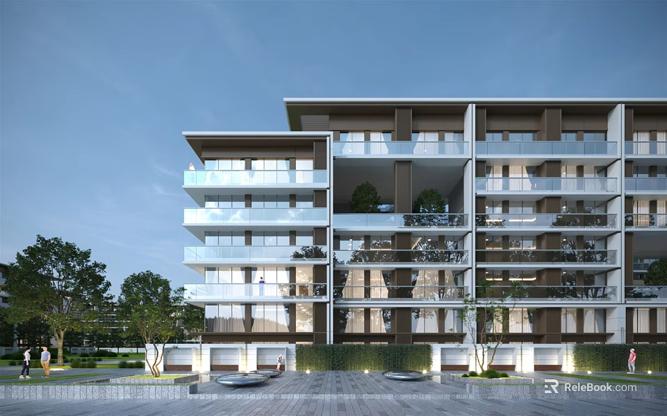 Modern Detached Villa Exterior With Glass Balconies And Landscaped Garden Area 3d model 