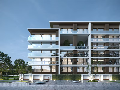 Modern Detached Villa Exterior With Glass Balconies And Landscaped Garden Area 3d model