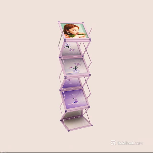 Purple Standing Display Shelf With Multiple Tiers And Displayed Items 3d model 