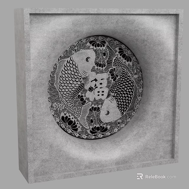 Artistic Circular Wall Decor With Black And White Fish Patterns And Floral Accents 3d model 