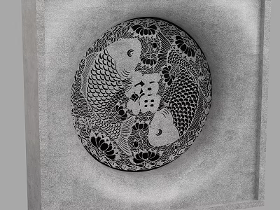 Artistic Circular Wall Decor With Black And White Fish Patterns And Floral Accents 3d model