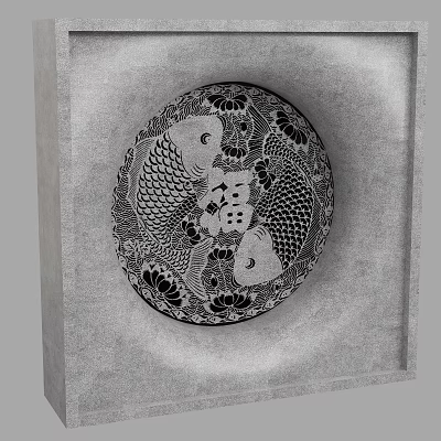 Artistic Circular Wall Decor With Black And White Fish Patterns And Floral Accents 3d model
