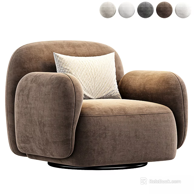 Comfortable Brown Plush Armchair With White Cushion Rounded Armrests And Round Base 3d model 