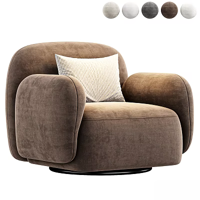 Comfortable Brown Plush Armchair With White Cushion Rounded Armrests And Round Base 3d model