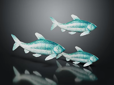Three Turquoise Fish With White Stripes Swimming On Dark Background With Reflections 3d model