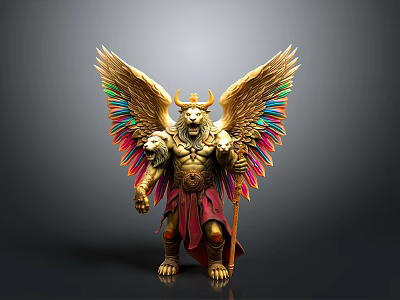 Golden Mythical Creature Sculpture Carving With Colorful Feathered Wings Lion Head Bull Horns And Scepter 3d model