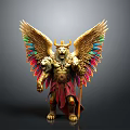 Golden Mythical Creature Sculpture Carving With Colorful Feathered Wings Lion Head Bull Horns And Scepter