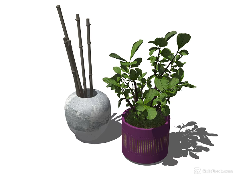 Potted Bonsai Plant in Purple Pot with Gray Vase Slender Branches Green Leaves and Shadows 3d model 