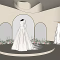 Bridal Shop Display With White Wedding Dresses Arched Mirrors And Floral Decor