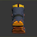 High Top Blue Shoes With Yellow Orange Accents And Flame Patterned Sole