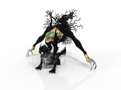 Mythical Character With Black Tree Like Structure Golden Claws Green Accents And Small Dragon Creature 3d model