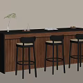 Modern Bar Counter with Vertical Slats Black Bar Stools Dark Countertop and Green Plant