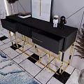 Modern Black Console Table with Gold Frame and Marble Top Design