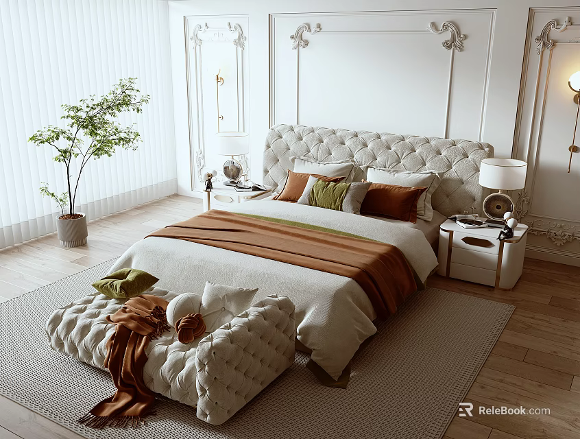 Elegant Bedroom Interior With Upholstered Headboard Colorful Pillows Footstool And Potted Plant 3d model 