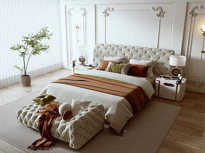 Elegant Bedroom Interior With Upholstered Headboard Colorful Pillows Footstool And Potted Plant 3d model