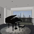 Black Grand Piano and Wall Artwork in Modern Room with City View and Circular Carpet