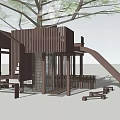Wooden Treehouse Play Structure With Slide Swing And Children's Play Area