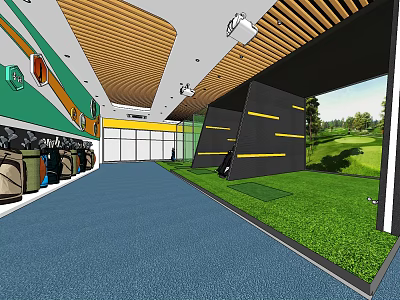 Indoor Golf Practice Range Fitness with Golf Clubs Green Turf Wooden Ceiling and Large Windows 3d model