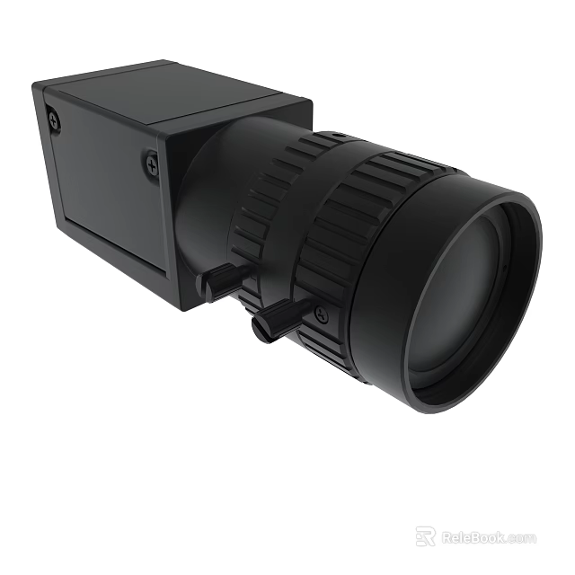 Black Industrial Camera Lens Module With Square Housing And Cylindrical Design 3d model