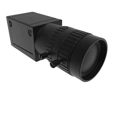 Black Industrial Camera Lens Module With Square Housing And Cylindrical Design 3d model