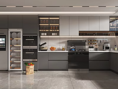 Modern Kitchen With Gray Cabinets Built-in Appliances Countertop Coffee Machine Wine Rack And Fresh Fruits 3d model