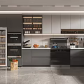 Modern Kitchen With Gray Cabinets Built-in Appliances Countertop Coffee Machine Wine Rack And Fresh Fruits