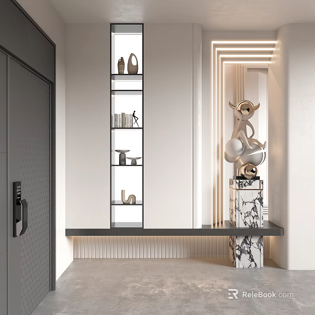 Elegant Modern Entryway Hallway Interior With Wall Shelves Decorative Figurines And LED Strip Lights 3d model 