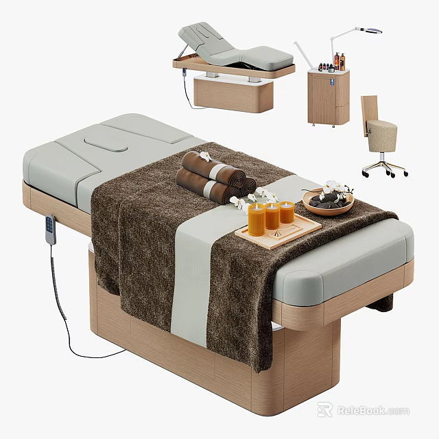 Modern Massage Bed With Wood Frame Plush Blanket Rolled Towels Essential Oils In SPA Setting 3d model 