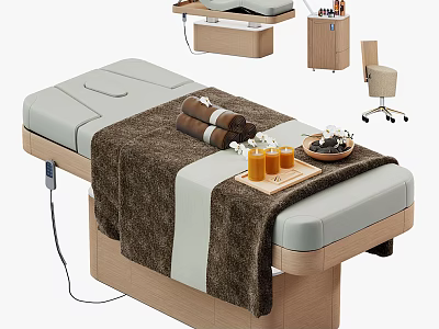 Modern Massage Bed With Wood Frame Plush Blanket Rolled Towels Essential Oils In SPA Setting 3d model