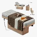 Modern Massage Bed With Wood Frame Plush Blanket Rolled Towels Essential Oils In SPA Setting