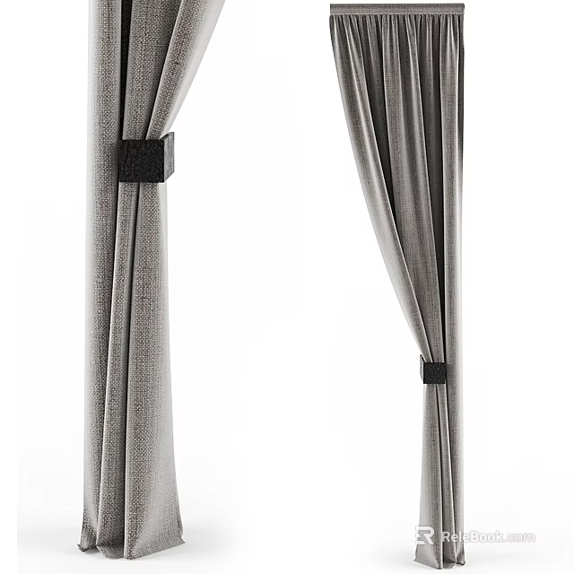 Gray Fabric Curtains With Black Tiebacks For Modern Interior Design 3d model 
