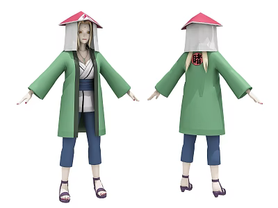 Game Movie Character Wearing Red Hat Green Robe Blonde Hair Blue Pants Red Symbol Back 3d model