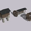 Garden Ornaments Featuring Wooden Water Wheels And Pavilions On Water Surface