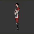 Game Character In Red And White Futuristic Outfit With Black Accents And Silver Details