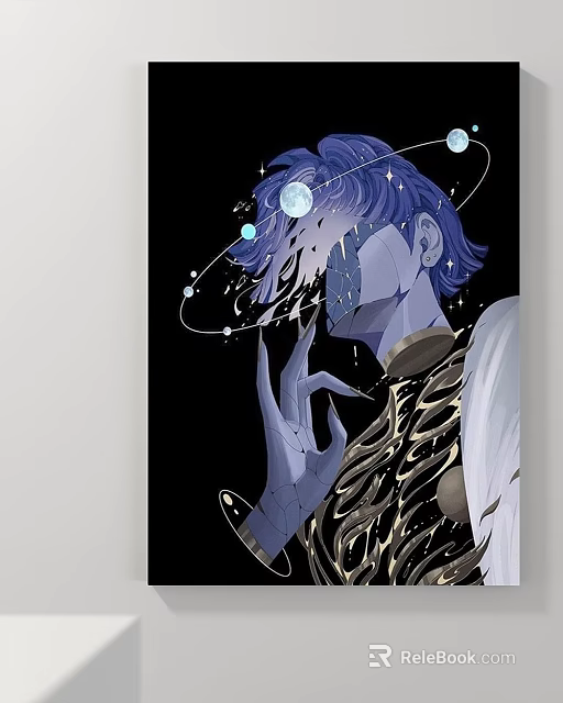 Abstract Painting Featuring Blue Haired Figure With Fragmented Face And Celestial Orbits On Black Background 3d model 