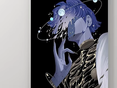 Abstract Painting Featuring Blue Haired Figure With Fragmented Face And Celestial Orbits On Black Background 3d model