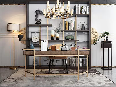 Stylish Home Office Desk With Chandelier Bookshelves Table Lamp Vase And Potted Plant On Rug 3d model