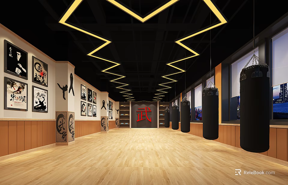 Martial Arts Training Gym Interior With Wooden Floor Black Ceiling And Hanging Punching Bags 3d model 