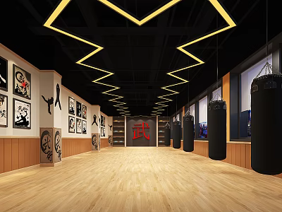 Martial Arts Training Gym Interior With Wooden Floor Black Ceiling And Hanging Punching Bags 3d model