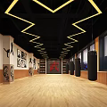 Martial Arts Training Gym Interior With Wooden Floor Black Ceiling And Hanging Punching Bags
