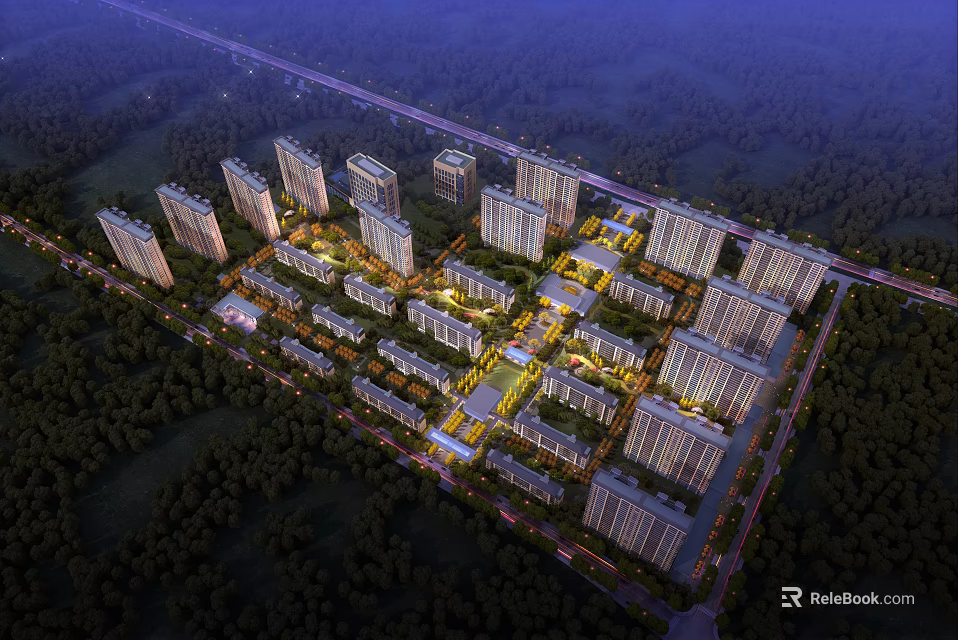 Aerial Planning of Modern Residential Community With High Rise Buildings Greenery and Road Network 3d model 