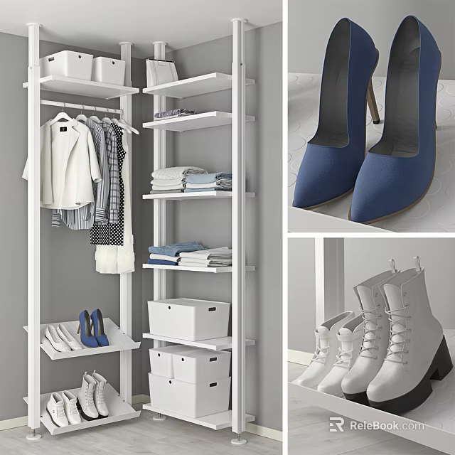 Modern White Storage Shelving Unit With Hanging Clothes Folded Garments Storage Boxes And Shoes 3d model 