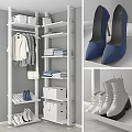 Modern White Storage Shelving Unit With Hanging Clothes Folded Garments Storage Boxes And Shoes