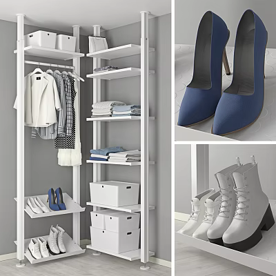 Modern White Storage Shelving Unit With Hanging Clothes Folded Garments Storage Boxes And Shoes 3d model