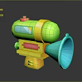 Colorful Toy Gun With Green Body Yellow Parts Red Button And Blue Horn Muzzle