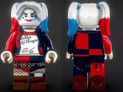 Harley Quinn Lego Minifigure With Blue Red Pigtails Daddy's Lil Monster Outfit And Fishnet Stockings 3d model