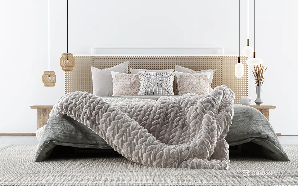 Cozy Double Bed With Woven Headboard Pillows Knitted Blanket And Hanging Lights 3d model 
