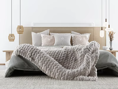 Cozy Double Bed With Woven Headboard Pillows Knitted Blanket And Hanging Lights 3d model