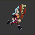 Cartoon Female Character With Blue Hair Running With Red Lobster Claw And Colorful Outfit