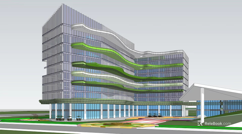 Modern Multi Storey Hotel Building With Glass Facade And Green Wavy Structures 3d model